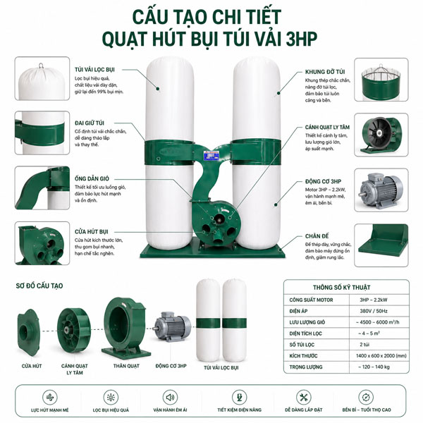 quạt hút bụi túi vải 3HP