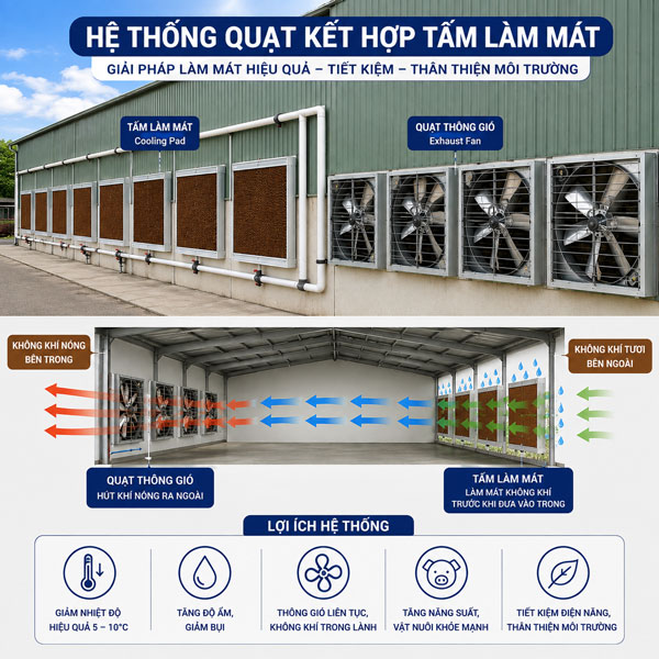 Hệ thống quạt thông gió kết hợp tấm làm mát nhà xưởng