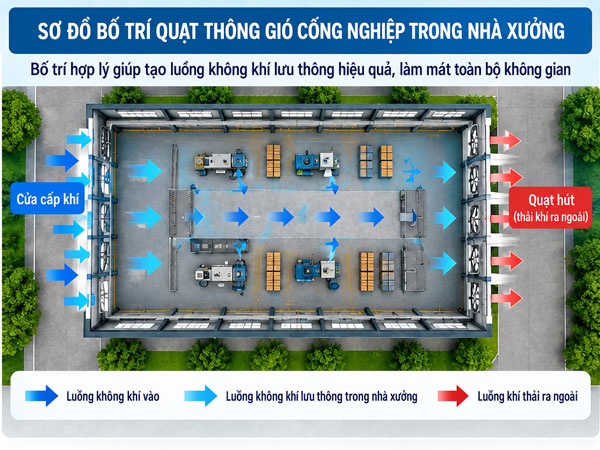 Bố trí quạt thông gió công nghiệp trong nhà xưởng