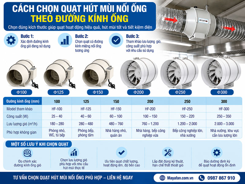 Cách chọn quạt hút mùi nối ống theo đường kính ống